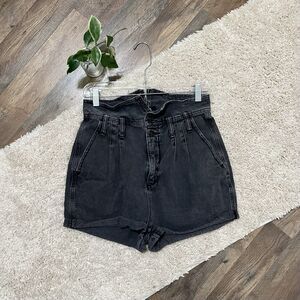 BDG Size 27 Washed Out Black Pleated Cuffed High-Rise Paperbag Waist Mom Shorts